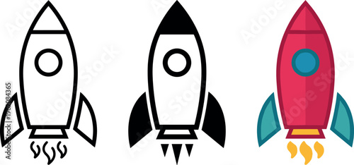 rocket spaceship icon set, space launch start up concept, outline and flat vector illustration collection isolated on transparent background