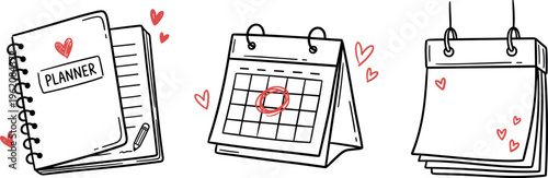 planner notebook and desk calendar icons set, schedule organizer agenda concept, hand drawn outline vector illustration with hearts isolated on transparent background