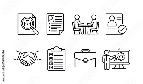 Talent hiring process: job search magnifying glass, resume document, interview meeting table, candidate profile, handshake agreement, checklist clipboard, briefcase, onboarding