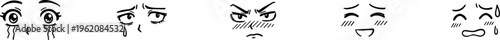 anime style emoji facial expressions set, manga eyes with tears blush sweat and emotions cute doodle vector illustration isolated on transparent background