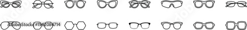 eyeglasses and sunglasses outline icon set, optical eye wear frames including round square aviator rectangle and cat eye glasses vector illustration isolated on transparent background