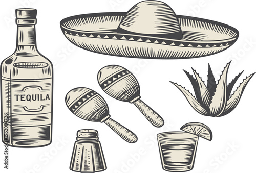 Mexican culture vector sketch set with tequila bottle sombrero maracas agave and shot for menu