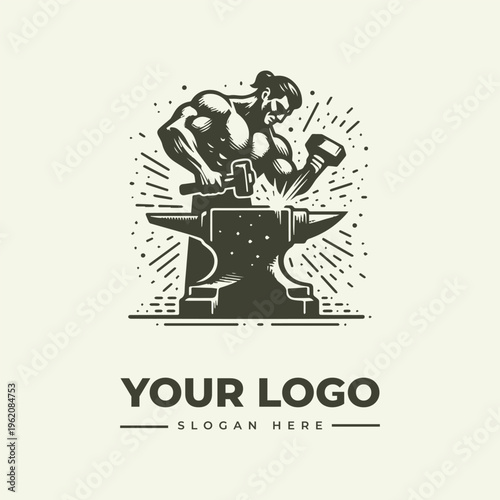 A muscular black and white illustration of a man working at an anvil with a hammer, surrounded by dynamic lines, on a beige background with space for a logo and slogan.