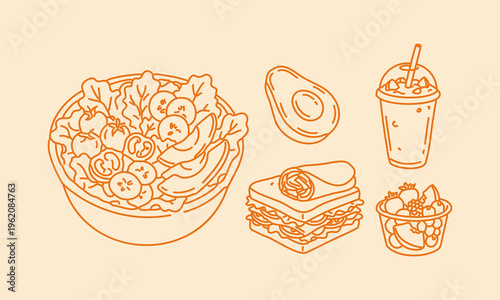 Hand Drawn Doodle Healthy Food Icons Set with Salad Bowl Avocado Sandwich Smoothie and Fruits Sketch Style Nutrition Collection