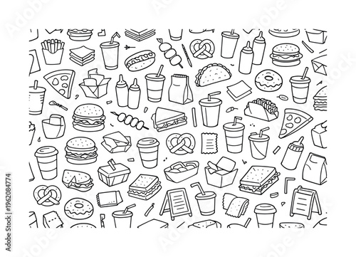 Simple street food items doodle pattern with hot dog, burger, fries, taco, sandwich, pizza slice, soda cup, takeaway box, paper bag, tray, ketchup bottle, mustard bottle, napkin