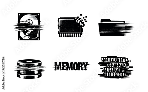 Theme: data storage and memory corruption  a set of 5 glitch-distorted monochrome objects placed on a perfectly clean white background, each object carrying