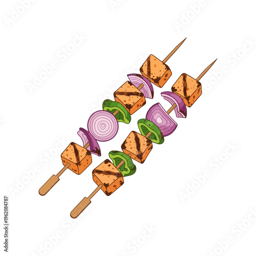 Grilled Paneer Tikka Skewers Indian Appetizer Vector Illustration
