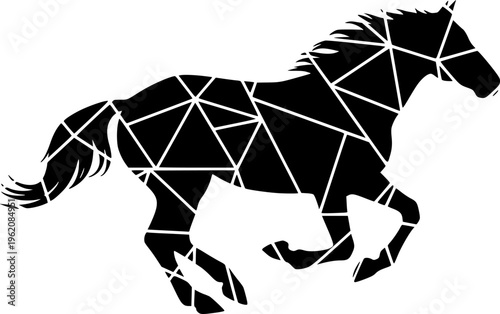 Geometric black silhouette of a galloping horse, minimalist polygonal animal art and creative stallion vector illustration isolated on white background.