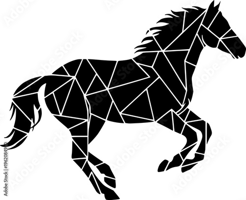 Geometric black silhouette of a galloping horse, minimalist polygonal animal art and creative stallion vector illustration isolated on white background.