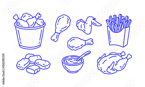 Hand Drawn Doodle Chicken Food Icons Set with Drumsticks Wings Fries Nuggets and Sauce Sketch Style Fast Food Collection