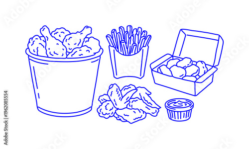 Hand Drawn Doodle Fried Chicken Fast Food Icons Set with Fries Nuggets Wings and Sauce Sketch Style Takeaway Collection