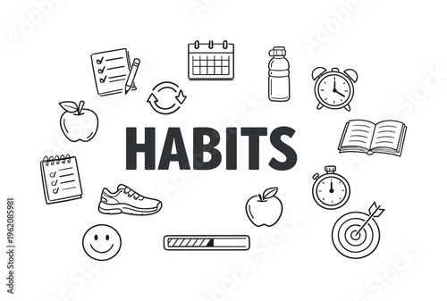 Daily habits and routine building concept centered on improving lifestyle through consistency, small actions, and personal discipline over time. HABITS title with surrounding