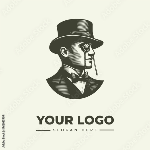 Vintage engraving of a man in a top hat and monocle with a bow tie on a light background, illustration for logo or icon use.