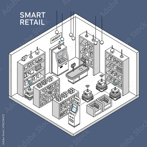 Isometric illustration of a smart retail store with automated checkout and robots.