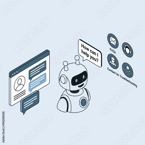 An isometric illustration of a chatbot interacting with a user interface, offering assistance.