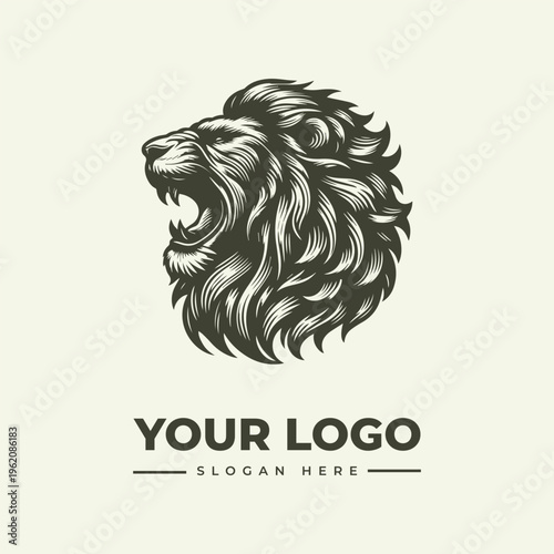 A dark green vintage engraving style lion head logo with a fierce expression on a beige background, featuring a placeholder for a custom logo and slogan.