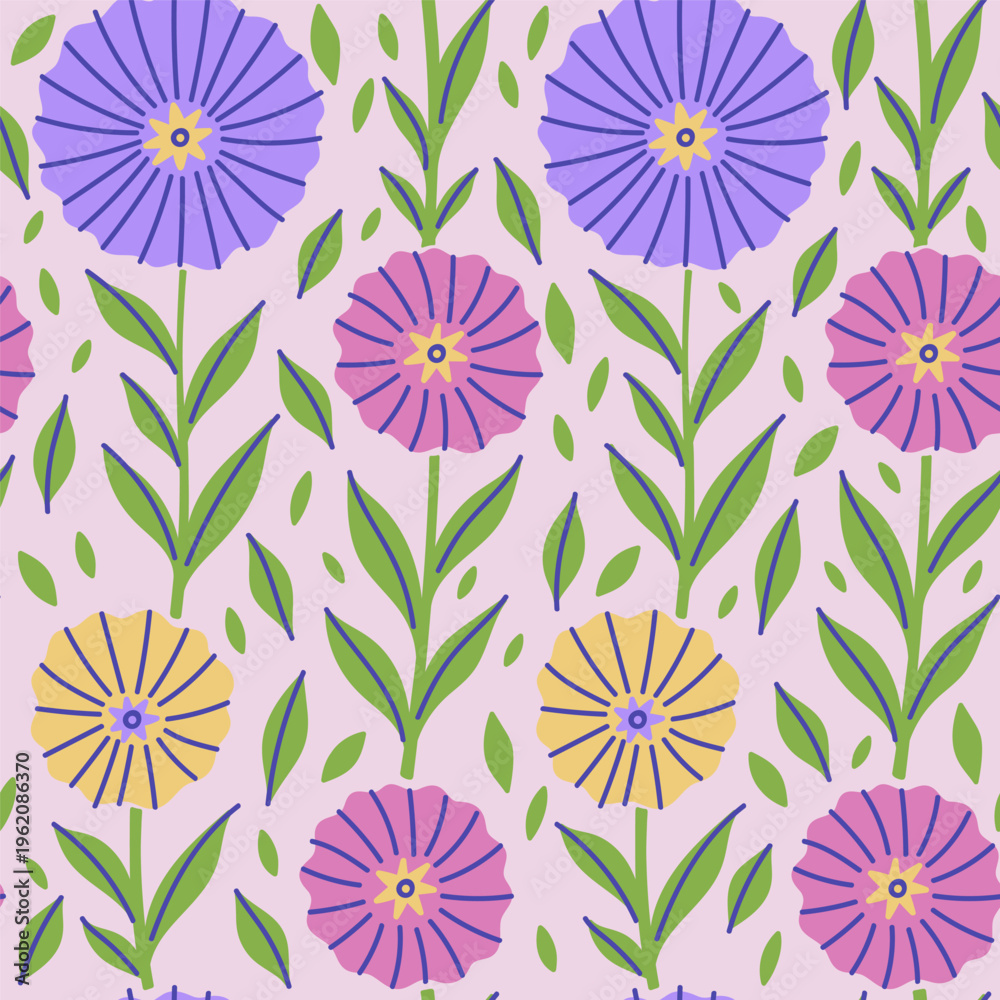 Fototapeta premium A simple seamless pattern with purple, yellow, and pink flowers. Vector graphics.