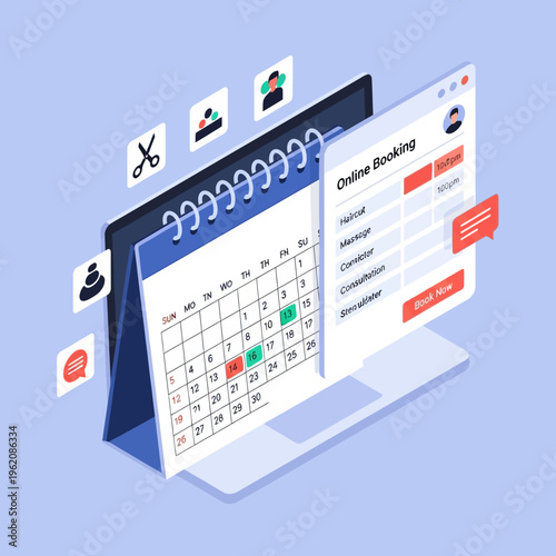 An isometric illustration of an online booking system with a calendar and computer.