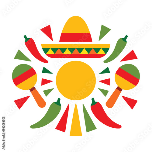 Vibrant mexican fiesta emblem with sombrero and maracas