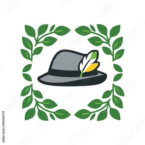 Grey hat adorned with a vibrant feather and surrounded by lush green leaves