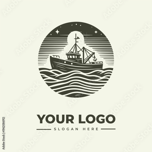 A vintage-style woodcut illustration of a fishing boat at sea under a starry night sky, with a circular logo design and a placeholder for a custom logo or icon on a cream background.