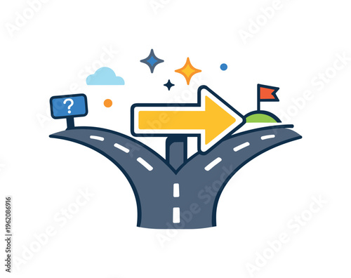 Decision making and choosing the right direction in business or personal life, a forked road with a highlighted arrow pointing one way representing clarity among options and