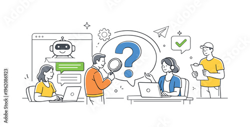 A technology-driven customer support scene representing automated FAQ assistance and self-service solutions, where a small team monitors and improves responses around two main