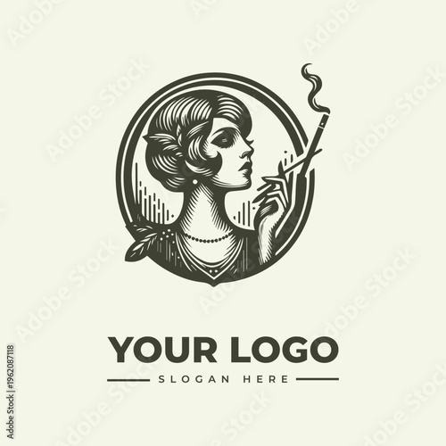 Vintage engraving style logo of a woman smoking a cigarette in a circular frame with a placeholder text for a company logo and slogan on a beige background.