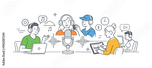 A media production context where teams collaborate to record, edit, and publish podcast episodes using audio equipment and digital tools, represented by a small group engaging with