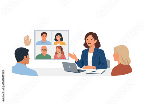 A hybrid meeting participation and equal voice representation concept featuring a professional joining discussion beside a simple split screen window and a minimal raised hand