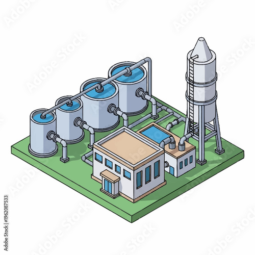 Isometric illustration of a water treatment plant with tanks, pipes, and a water tower.