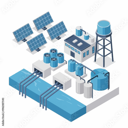 Isometric illustration of a water treatment plant with solar panels and storage tanks.