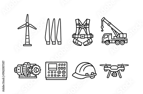 Wind turbine maintenance: turbine tower, rotor blades, maintenance harness, service crane, gearbox unit, control panel, safety helmet, inspection drone