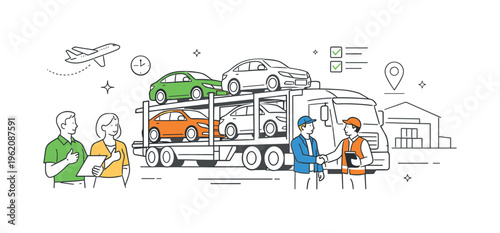 A logistics and transportation scenario where companies move multiple vehicles efficiently across long distances using specialized transport systems, visualized through a small