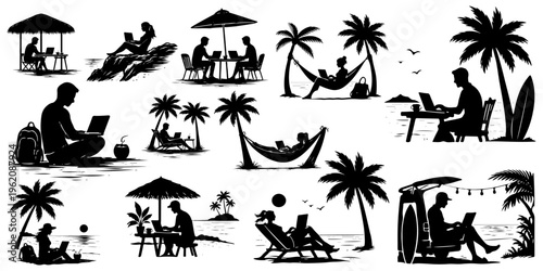 Digital nomad lifestyle black silhouettes set. People working remotely on laptops in tropical beach locations with palm trees, hammocks, isolated.