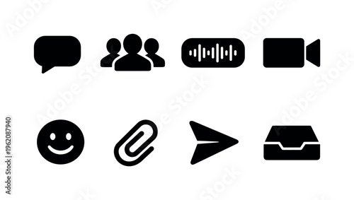 Social messaging features: chat bubble, group chat, voice message, video call, emoji smile, attachment clip, send arrow, message inbox