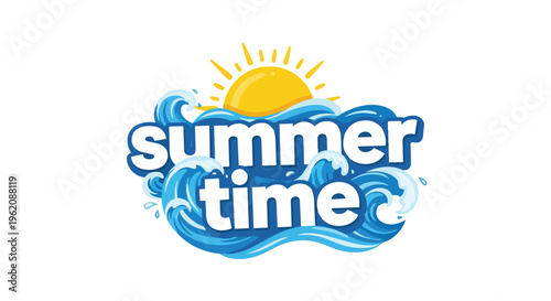 Vibrant 'Summer Time' text graphic with dynamic blue ocean waves and a radiant yellow sun, symbolizing joyful holidays, beach fun, leisure, and warm