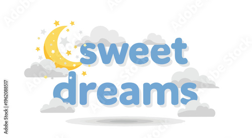 A peaceful and imaginative graphic design for children and adults, featuring a stylized crescent moon, many stars, and soft clouds, conveying a warm