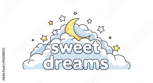 Sweet Dreams graphic, a serene illustration showing a gentle crescent moon and twinkling stars on fluffy clouds, perfectly designed for soothing