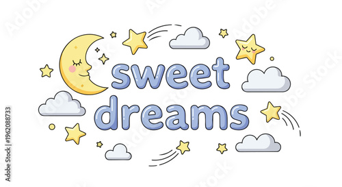 A whimsical illustration featuring a serene sleeping crescent moon surrounded by twinkling stars and soft clouds conveying a peaceful and comforting