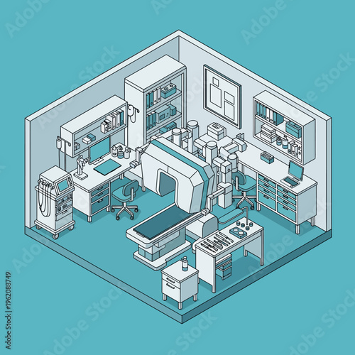 Isometric view of a modern medical examination room with advanced equipment.