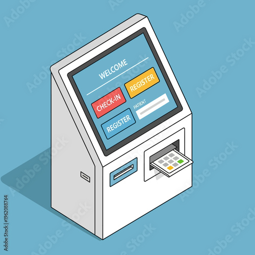 Isometric view of a white self-service kiosk with a touch screen interface.