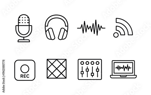 Podcast production equipment: studio microphone, headphones, audio mixer, waveform signal, podcast rss icon, recording button, soundproof panel, laptop editing audio