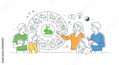 Individuals learning about personality traits and yearly cycles based on traditional zodiac systems in an educational context, symbolized by a simple zodiac circle paired with a
