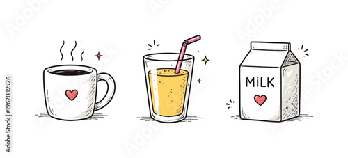 Simple breakfast drinks set theme  a horizontal row of 3 related hand-drawn objects on a white background, featuring a coffee mug with a tiny red heart on the