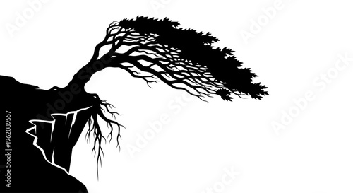 Minimalist Black Silhouette Vector of a Wind-Bent Tree on a Cliff Edge, Isolated on White Background