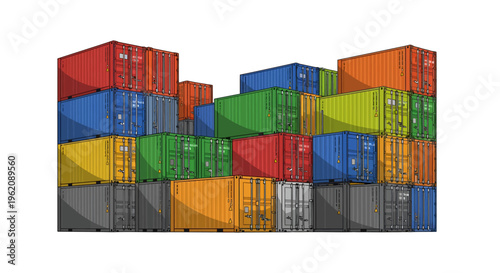 Cargo Ship with Multi-Colored Container Stacks Vector Illustration Isolated on White Background