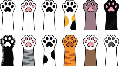 Collection of diverse feline paw prints in various colors and patterns