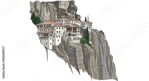 Vector Illustration of a Hanging Monastery Built on a Steep Cliff Face Isolated on White Background