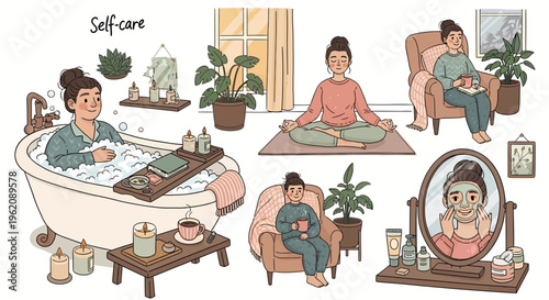 woman practicing self-care routine at home with face mask and bath